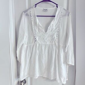 Peace Angel White Peasant Top with ties; long sleeve; sheer; Women’s Size Large